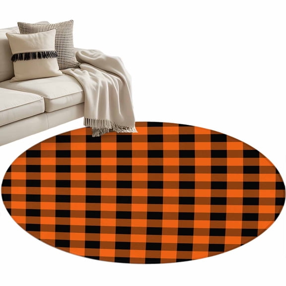 Farm Buffalo Plaid Round Area Rug 3 FT, Small Kitchen Bathroom Mat, Orange Black Checkered Washable Indoor Outdoor Throw Runner Carpet Non-Shedding Doormat for Table Shower Sofa Entryway