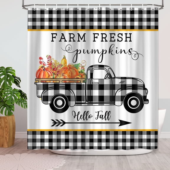 Farm Buffalo Plaid Shower Curtain , Pumpkin Truck Fall Bathroom Decor Vintage Wooden Board Farmhouse Fabric Bathroom Accessories 69X70IN