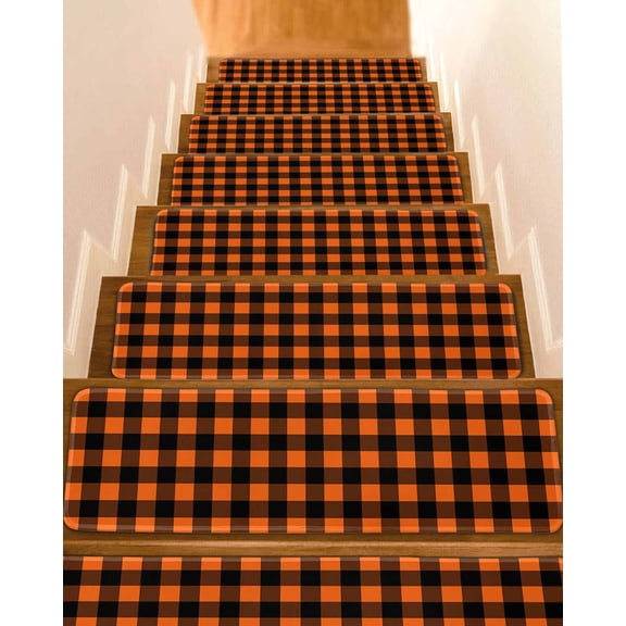 Farm Buffalo Plaid Stair Treads for Wooden Steps Indoor Runner Rug Carpet, Orange Black Checkered 4 Pieces Peel and Stick Staircase Step Treads Covers Washable Throw Door Mats, 30"x8"