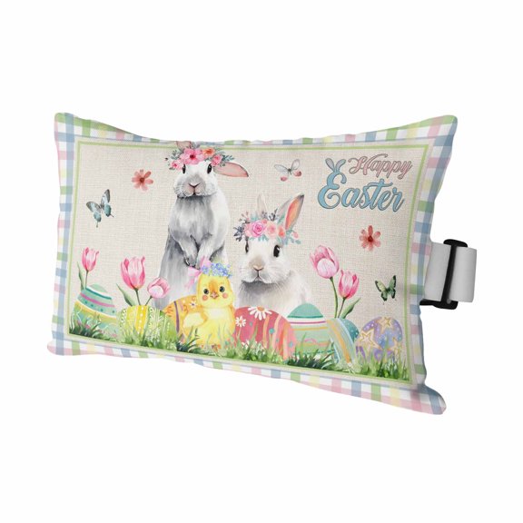 Farm Bunny Easter Egg Flower Outdoor Pillow for Chaise Lounge Chair,Colorful Plaid Retro Linen Waterproof Headrest Lumbar Pillows with Insert&Elastic Strap for Patio Pool Garden Chairs Decor,1 Pack