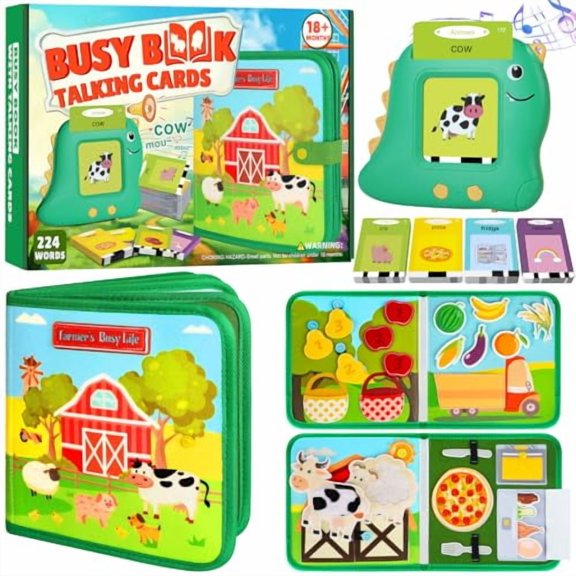 Farm Busy Book With Talking Flash Cards for Toddlers 1-3 - Montessori Busy Board for Boy Girl Birthday Gift - Learning Educational Toys with 224 Sight Words - Airplane Car Toddler Travel Toys