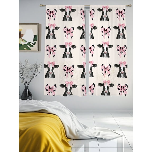 Farm Butterfly Cone Cow Sheer Curtains 2 Panels Set Abstract Country Cattle Lihgt Filtering Rod Pocket Voile Drape,Semi Sheer Window Curtains for Bedroom Living Room,52"x63"