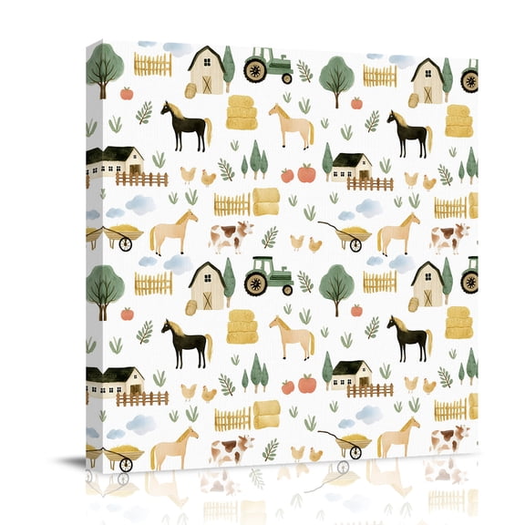 Farm Canvas Wall Art for Living Room, Farmhouse Cartoon Horse Cow Chicken Fence Truck Tree Leaf Poster Print Painting for Bedroom Office Home Decoration Wall Pictures Prepare To Hang 8"x8"