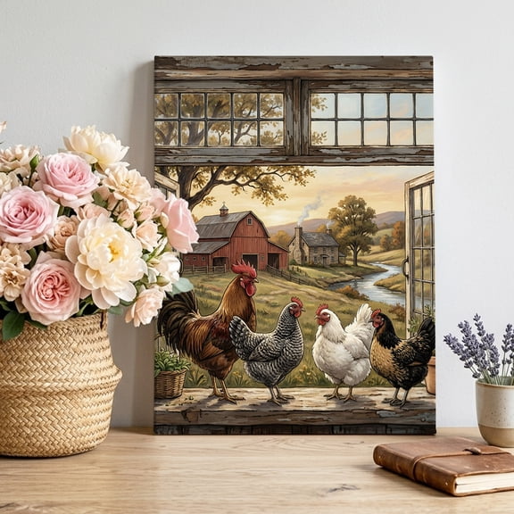 Farm Canvas Wall Art, Pastoral Landscape Farmhouse Rooster Hen Chicken Barn Pictures Wall Decor Wooden Framed Artwork Art Prints for Living Room Hallway Bedroom Office 20"x30"