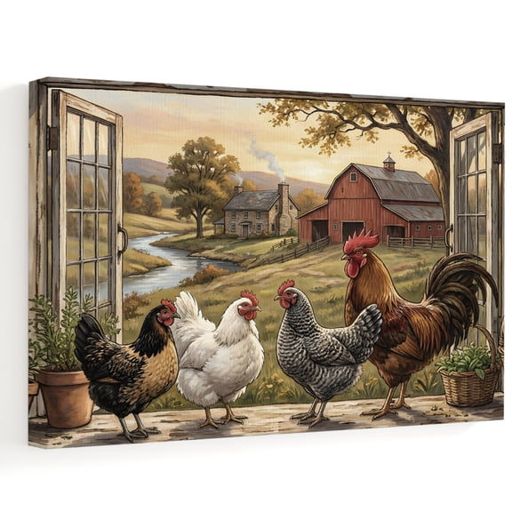 Farm Canvas Wall Art, Pastoral Landscape Farmhouse Rooster Hen Chicken Barn Wall Art Prints Artwork Framed Canvas Ready to Hang Art Pictures for Bathroom Bedroom Entry Desk Corner 10" x 8"