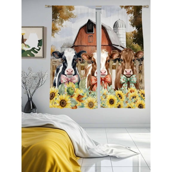 Farm Cattle Yellow Sunflower Sheer Curtains 2 Panels Set Retro Farmhouse Barn Lihgt Filtering Rod Pocket Voile Drape,Semi Sheer Window Curtains for Bedroom Living Room,52"x63"