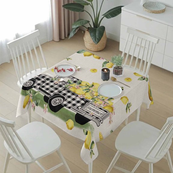 Farm Checker Truck Lemon Table Cloth 54x54in, Waterproof Square Tablecloth Wipeable Tablecloths Pastoral Fruit Flower Leaf on Linen Table Covers for Dining Tables Party Indoor Outdoor