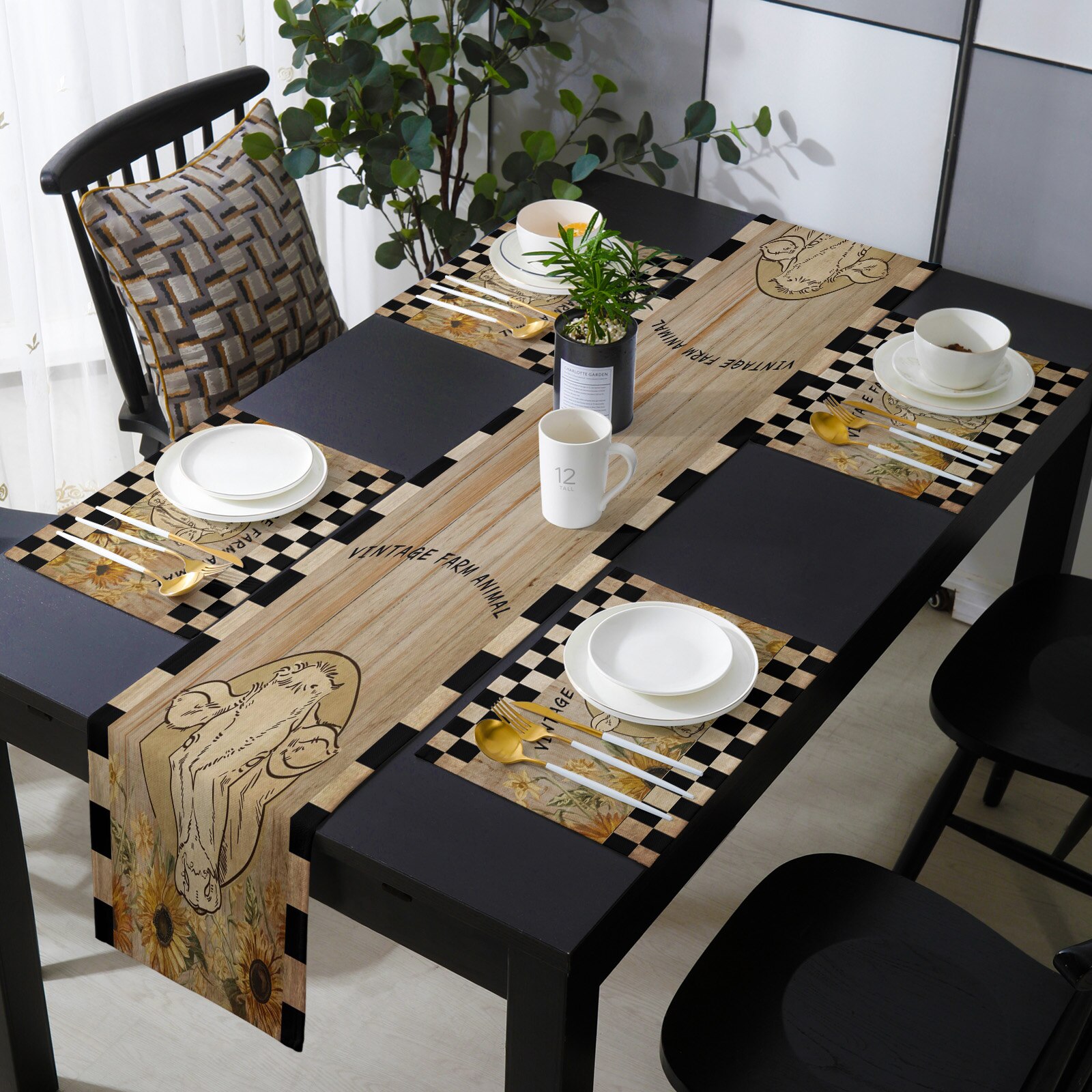 Farm Checkered Sunflower Cows Retro Table Runner Sets Wedding Dinning