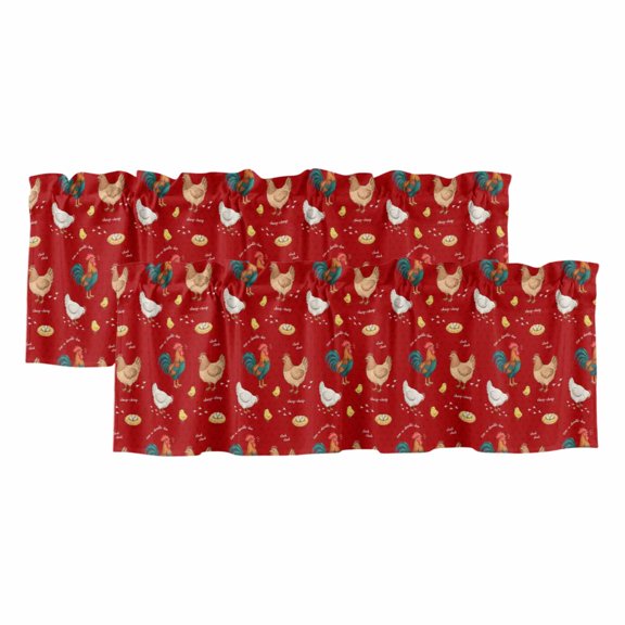Farm Chicken 2 Panels Kitchen Valance, White Hen Rooster Red Background Abstract Curtains Valances for Small Windows Rod Pocket Window Treatments for Living Room Bedroom 42" W x 12" L
