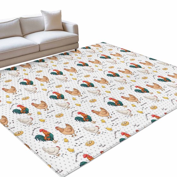 Farm Chicken 6x9ft Non Slip Area Rug White Hen Rooster White Background Abstract Washable&nbsp;Soft Area Rugs for Living Room, Indoor&nbsp;Circle Carpet for Bedroom Dining Room Kitchen