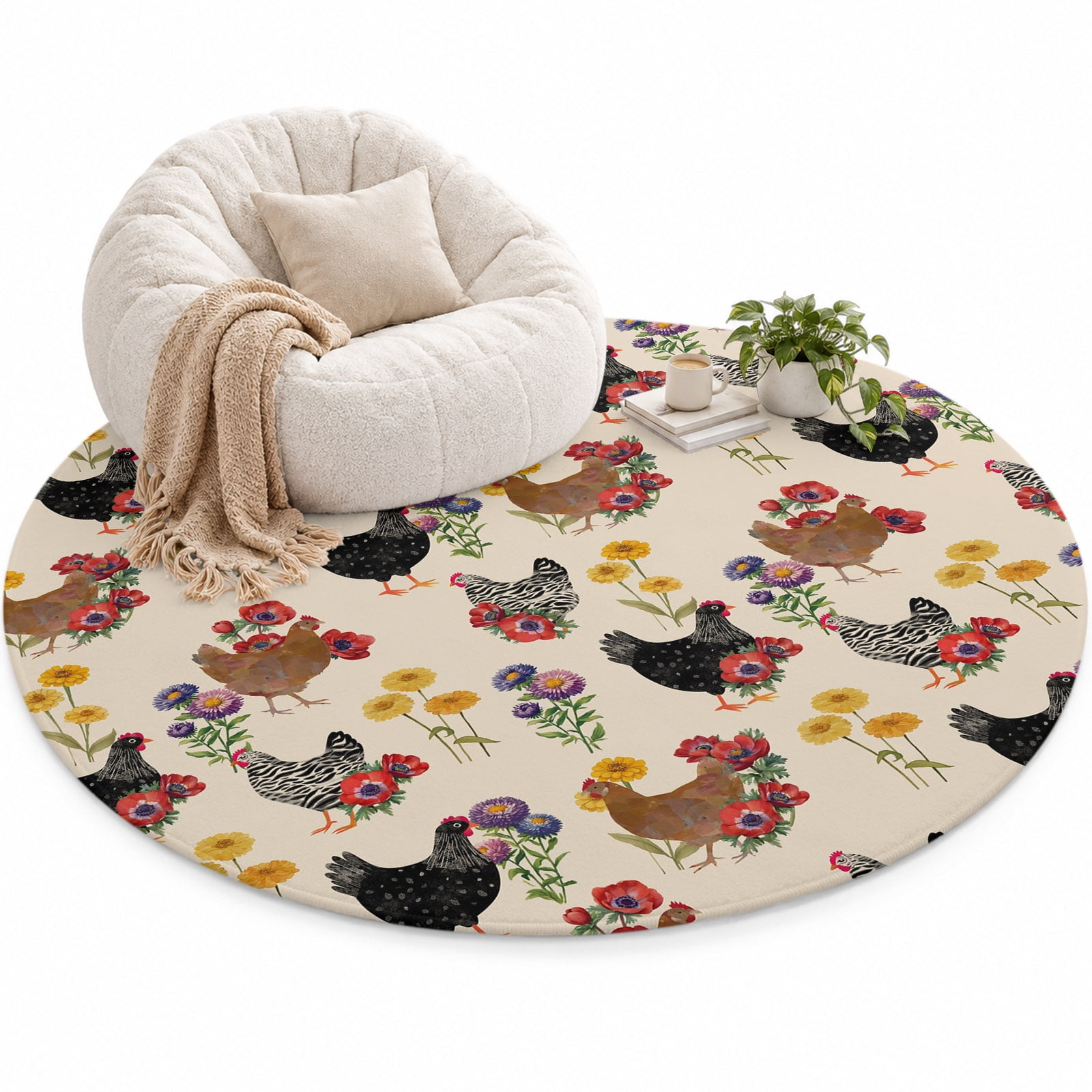 Farm Chicken Area Rug 4', Country Farmhouse Rooster Red Yellow Purple ...
