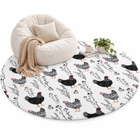 Farm Chicken Area Rug 5', Country Farmhouse Black White Rooster Flower ...