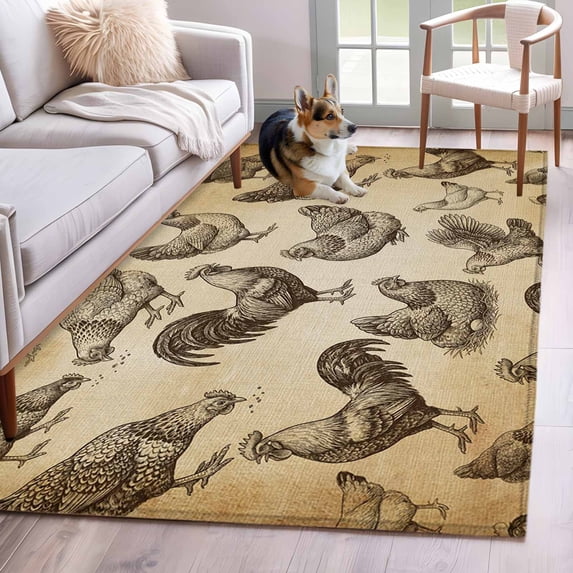 Farm Chicken Area Rugs 3x5 ft Country Rustic Rooster Hen Retro Farmhouse Washable Rug Non Slip Indoor Carpet Absorbent Floor Mat for Living Room Bedroom Dining Room