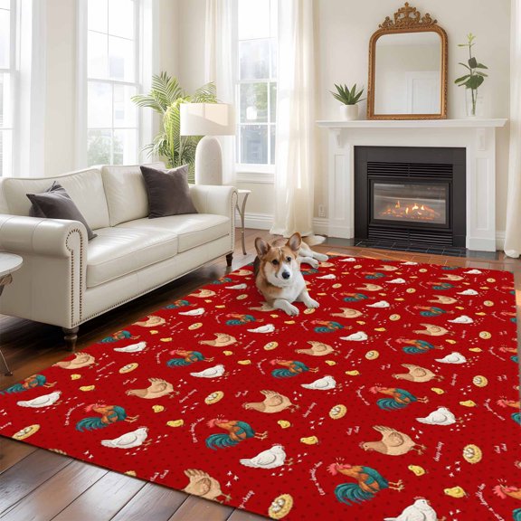 Farm Chicken Area Rugs 5x7 ft White Hen Rooster Red Background Abstract Washable Rug Non Slip Indoor Carpet Absorbent Floor Mat for Living Room Bedroom Dining Room