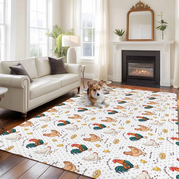 Farm Chicken Area Rugs 5x7 ft White Hen Rooster White Background Abstract Washable Rug Non Slip Indoor Carpet Absorbent Floor Mat for Living Room Bedroom Dining Room
