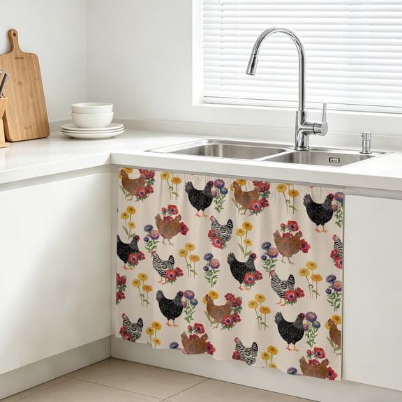 Farm Chicken Cabinet Curtains for Kitchen 10"W x 11"L, Country Farmhouse Rooster Red Yellow Purple Flower Leaf Under Sink Skirt Magic Tape Short Curtain Decorative Privacy Panel for Bathroom Laundry