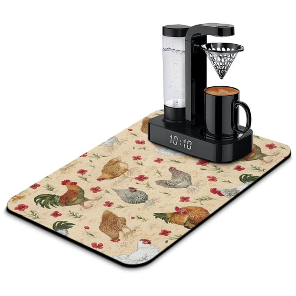 Farm Chicken Coffee Station Mat - Non-Slip Counter Protector with Eggs and Wildflowers
