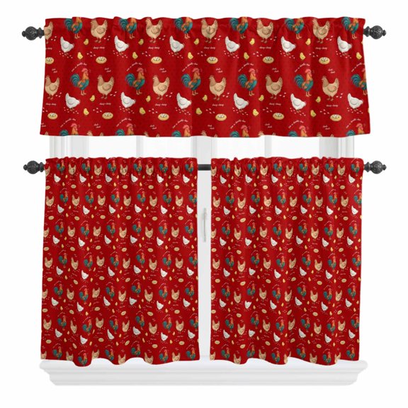 Farm Chicken Curtain Valances Set White Hen Rooster Red Background Abstract Kitchen Curtains 24 inch Length Rod Pocket Valance and Tiers 3 Piece Set Small Bedroom Bathroom Laundry Decor