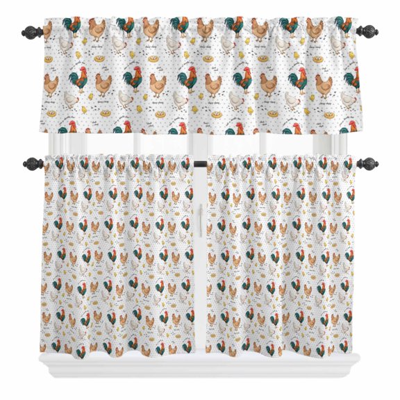Farm Chicken Curtain Valances Set White Hen Rooster White Background Abstract Kitchen Curtains 24 inch Length Rod Pocket Valance and Tiers 3 Piece Set Small Bedroom Bathroom Laundry Decor