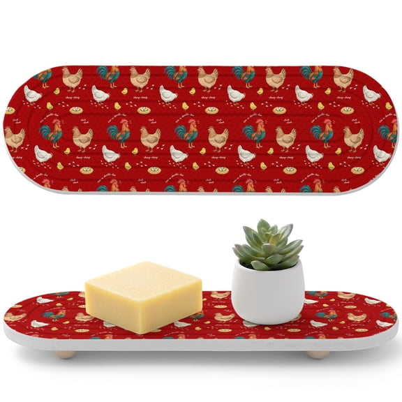 Farm Chicken Diatomaceous Earth Coasters, White Hen Rooster Red Background Abstract Water Absorbent Diatomite Coaster, Bathroom Tray Stone Dish Drying Mat Kitchen Sink Tray 12x4in