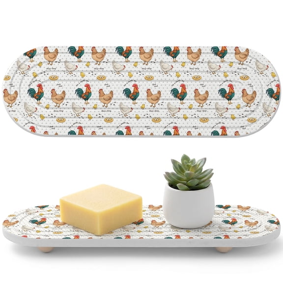 Farm Chicken Diatomaceous Earth Coasters, White Hen Rooster White Background Abstract Water Absorbent Diatomite Coaster, Bathroom Tray Stone Dish Drying Mat Kitchen Sink Tray 12x4in