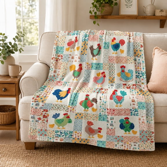 Farm Chicken Rooster Patchwork Print Fleece Throw Blanket, Soft 280 Gsm Polyester, Animal Lover Decor for Couch, Sofa & Bed