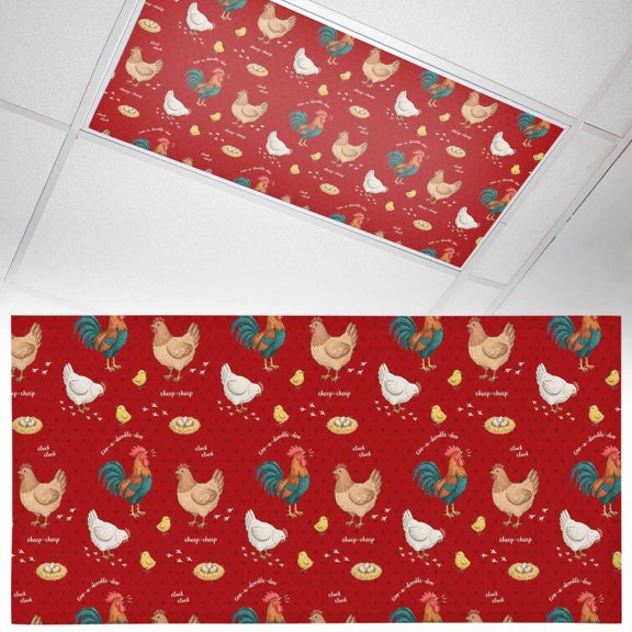 Farm Chicken Fluorescent Light Covers White Hen Rooster Red Background Abstract Magnetic Light Filters Ceiling Lighting Panel Shade for Classroom Office Home 2 x 4 ft, 1 Pack