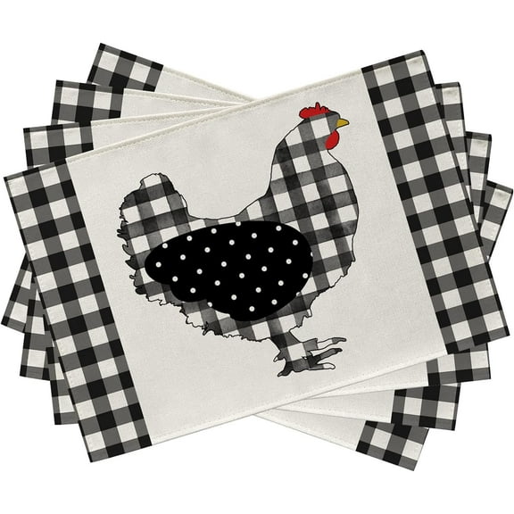 Farm Chicken Hen Animal Placemats Set of 4, Black White Buffalo Check Plaid Farmhouse Chick Dining Table Place Mats, Spring Summer Country Rustic Kitchen Decor Home Decoration 12 x 18 Inch