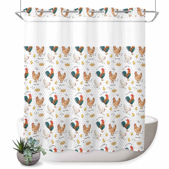 Farm Chicken No Hook Shower Curtain White Hen Rooster White Background Abstract Shower Curtain with See Through Top Window, Waterproof Washable Fabric Curtain for Bathroom Hotel Decor, 72Wx78L