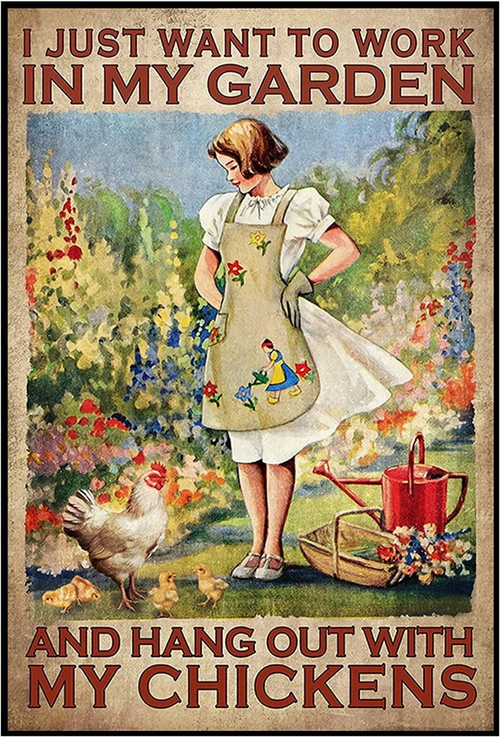 Targa In Metallo Vintage "Work In My Garden And Hang Out With My Chickens" – Alluminio 20x30 Cm, Impermeabile, Per Giardino E Casa - 2