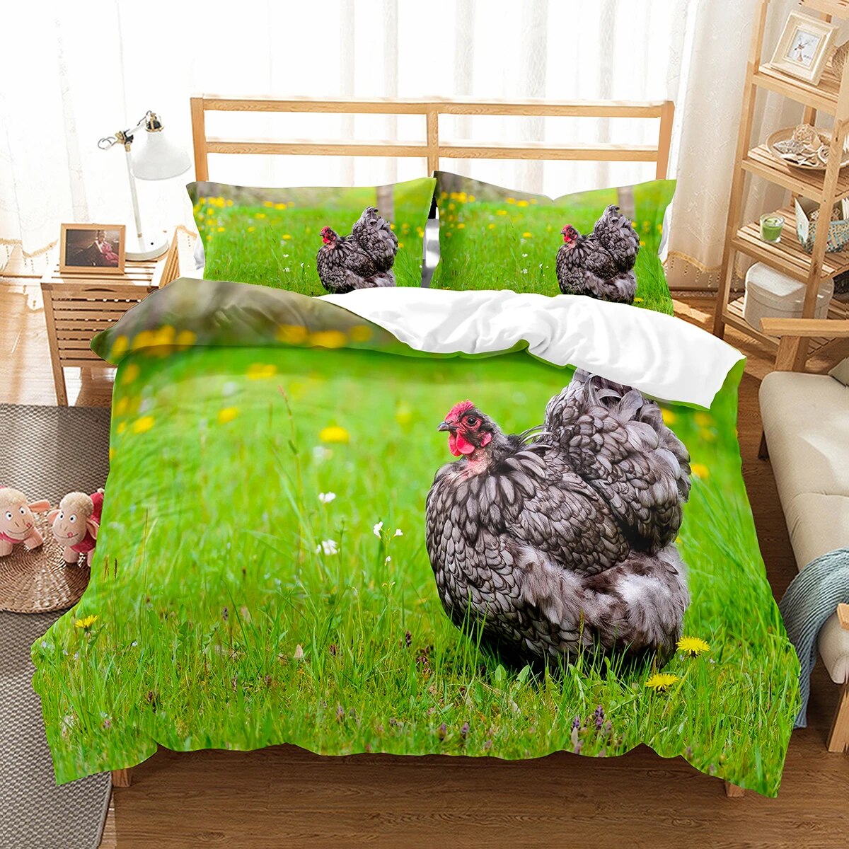 Farm Chicken King Full Duvet Cover Hen Lovely Chick Bedding Set Family