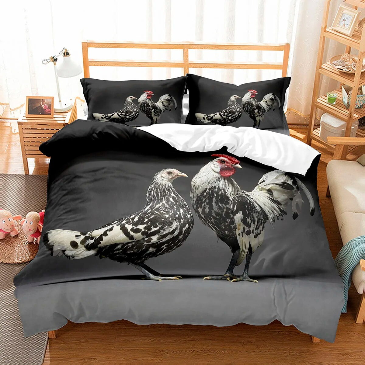 Farm Chicken King Full Duvet Cover Hen Lovely Chick Bedding Set Family