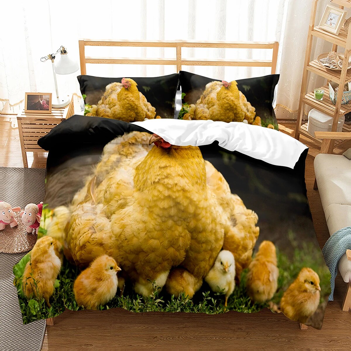 Farm Chicken King Full Duvet Cover Hen Lovely Chick Bedding Set Family