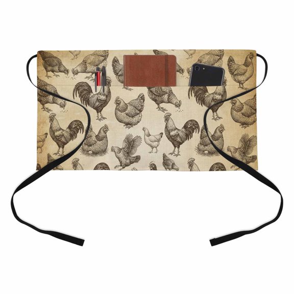 Farm Chicken Kitchen Restaurant Half Waist Apron, Country Rustic Rooster Hen Retro Farmhouse Server Short Apron with 3 Pockets Waterproof Oil Waist Aprons for Women Waitress Waiter