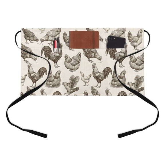 Farm Chicken Kitchen Restaurant Half Waist Apron, Country Rustic Rooster Hen Vintage Farmhouse Server Short Apron with 3 Pockets Waterproof Oil Waist Aprons for Women Waitress Waiter