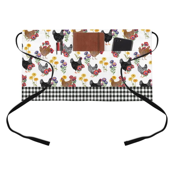 Farm Chicken Kitchen Restaurant Half Waist Apron, Farmhouse Rooster Colorful Flower Leaf Black Buffalo Plaid Server Short Apron with 3 Pockets Waterproof Oil Waist Aprons for Women Waitress Waiter