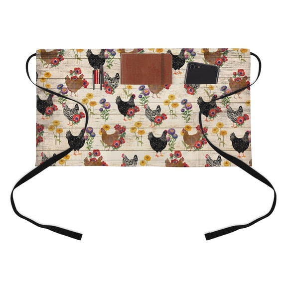 Farm Chicken Kitchen Restaurant Half Waist Apron, Farmhouse Rooster Red Yellow Purple Flower Leaf Wood Board Server Short Apron with 3 Pockets Waterproof Oil Waist Aprons for Women Waitress Waiter