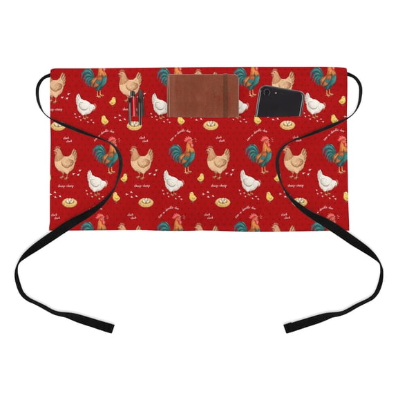 Farm Chicken Kitchen Restaurant Half Waist Apron, White Hen Rooster Red Background Abstract Server Short Apron with 3 Pockets Waterproof Oil Waist Aprons for Women Waitress Waiter