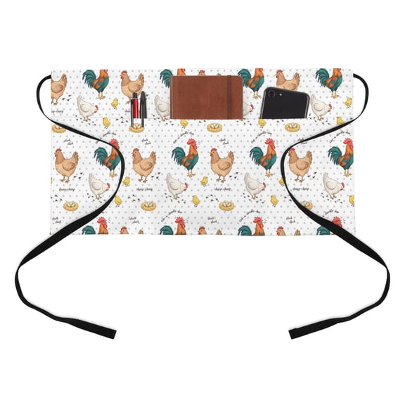 Farm Chicken Kitchen Restaurant Half Waist Apron, White Hen Rooster White Background Abstract Server Short Apron with 3 Pockets Waterproof Oil Waist Aprons for Women Waitress Waiter