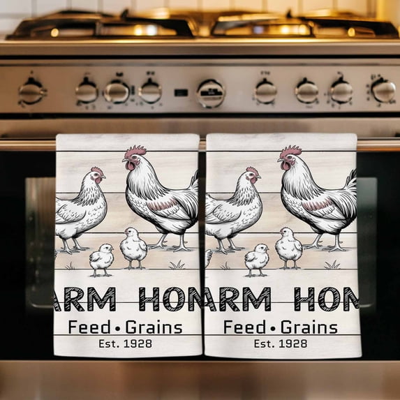Farm Chicken Kitchen Towels Set of 4, Farmhouse Retro Animals Wooden Grain Absorbent Dish Towels for Kitchen, Microfiber Hand Towel, Quick Drying Tea Towel for Cleaning Decorative Dishcloths