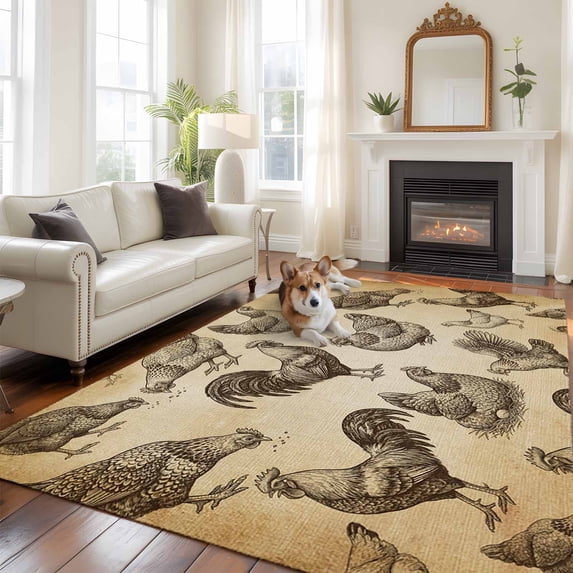 Farm Chicken Large Area Rugs 5x8 ft Country Rustic Rooster Hen Retro Farmhouse Washable Rug Non Slip Indoor Carpet Absorbent Floor Mat for Living Room Bedroom Dining Room
