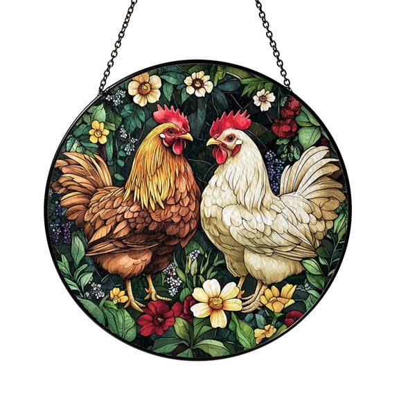 Farm Chicken Pair with Floral Detail Stained Glass Style Window Decor, Rustic Hanging Art Panel