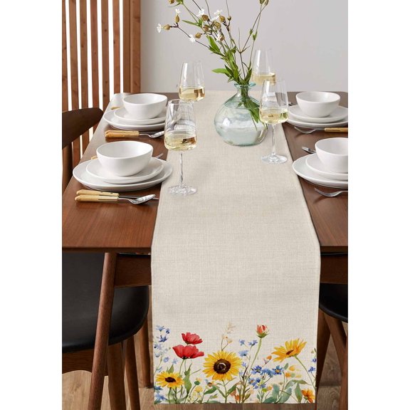 Farm Chicken on Retro Beige Table Runner 13x72in Non-Slip Cotton Linen Table Runners, Watercolor Flower Leaves Dresser Scarves TableRunner for Dinner Kitchen Dining Wedding Party