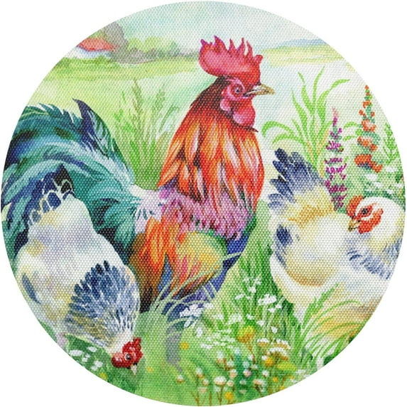 Farm Chicken Rooster Round Place Mats Set of 1, Heat Stain Insulation Table Mats Non-Slip Grid Woven Placemats 15.4 Inch for Kitchen Dining Table Holiday