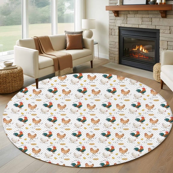 Farm Chicken Round Living Room Rugs 7 ft, White Hen Rooster White Background Abstract Washable Area Rug with Non-Slip Sturdy Edge Binding Round Carpet for Kitchen Office Bedroom