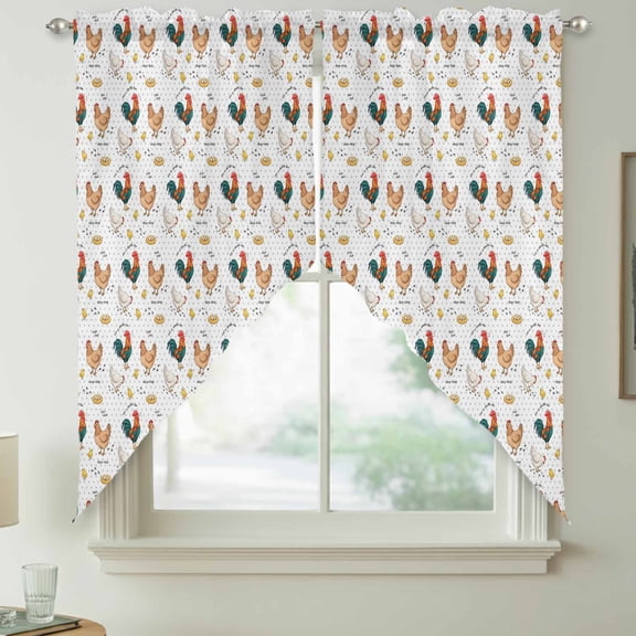 Farm Chicken Swag Kitchen Curtain Valances, White Hen Rooster White Background Abstract Rod Pocket Curtains Window Treatment Decor Valances for Bedroom Bathroom, 2 Panels 28 x 36 Inch