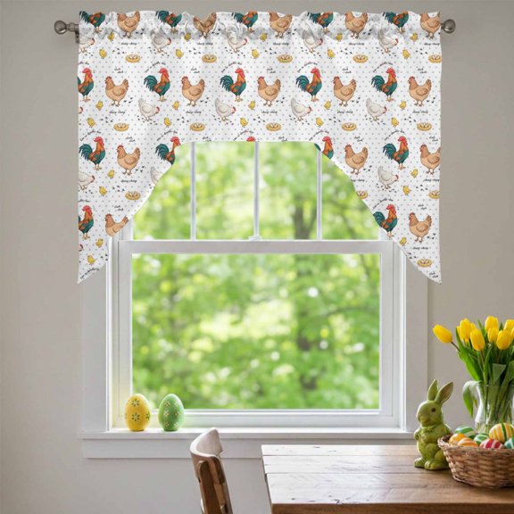 Farm Chicken Swag Valances for Kitchen Window, White Hen Rooster White Background Abstract Small Swag Valances Rod Pocket Curtain Drapes Window Treatment for Bedroom Bathroom, 56x36 Inch