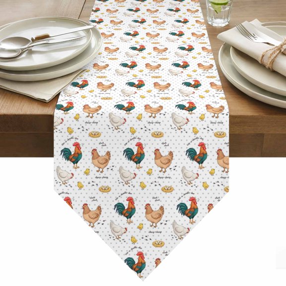 Farm Chicken Table Runner 72 Inches Long White Hen Rooster White Background Abstract Table Runners for Dining Room Tabletop Dresser Scarf Home Party Banquet Wedding Holiday Decoration