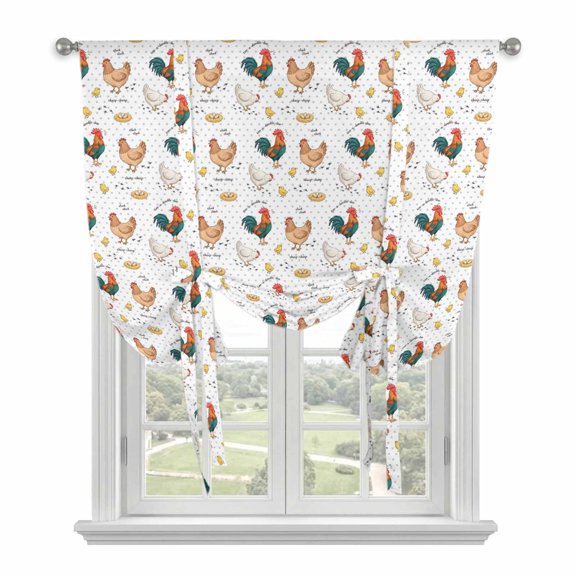 Farm Chicken Tie Up Curtain for Window, White Hen Rooster White Background Abstract Adjustable Tie Up Balloon Curtain Valances Rod Pocket Window Treatment for Kitchen Bathroom Bedroom 42"x63"
