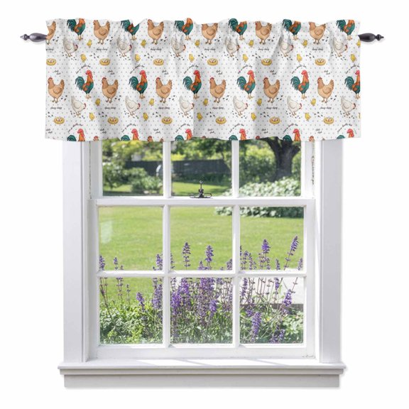 Farm Chicken Valance Curtain White Hen Rooster White Background Abstract Window Valances Rod Pocket Short Curtains Window Treatments for Kitchen Bedroom Bathroom Laundry 60" x 18"